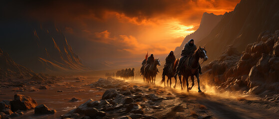 horses are walking in a line down a dirt road