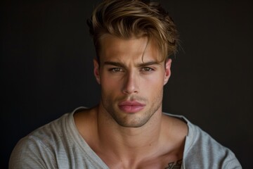 Obraz premium guy, 30 years old, he is wearing a grey v neck tee, wide shoulders, muscles, a few tattoos, big brown eyes, messy hair, standing tall, he is very tall 