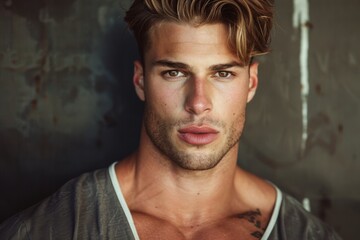 men , 30 years old, he is wearing a grey v neck tee, wide shoulders, muscles, a few tattoos, big brown eyes, messy hair, standing tall, he is very tall 