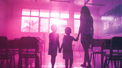Cinematic photograph of a mother holding hand of two children in a school classroom . Mother's Day. Pink and purple color palette.