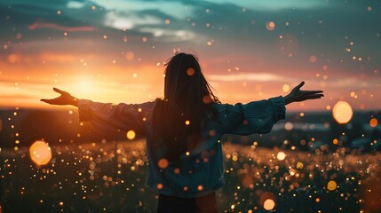 The girl in the field. Silhouette of a girl and particles in the backlight of the sunset. - obrazy, fototapety, plakaty