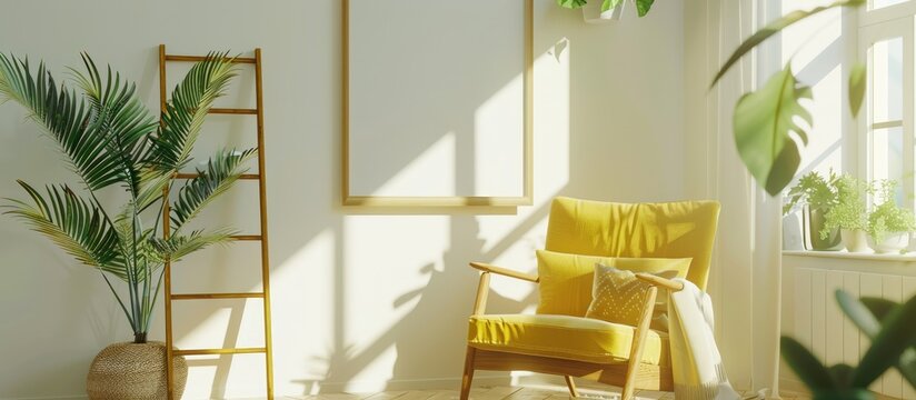 Scandinavian-inspired apartment interiors with sunlight, featuring a mock-up poster frame, wooden ladder, gold armchair, design accessories, furniture, plants and a yellow macrame.
