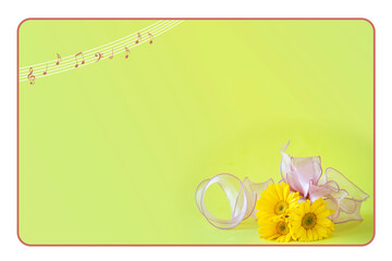 オーガンジーのピンクのリボンと黄色のガーベラのブーケの楽譜・フレーム（イエローバック）