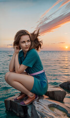Serene Seaside Sunset - Young Woman Enjoying Ocean Views at Dusk, Reflective Vacation Momen - 767023925