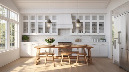 Bright and airy modern farmhouse kitchen with shaker cabinets subway tile backsplash industrial pendants and farmhouse sink.