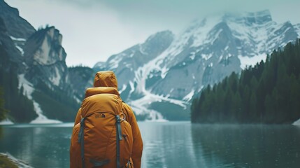 Traveler with backpack facing a majestic snowy mountain and alpine lake.
