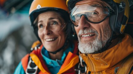 Senior couple in climbing gear sharing a joyful moment together