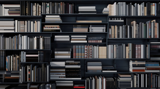 Mock-up of bookshelf with a lot of book spine stacking in the black shelf with plain cover on a beautiful dark cozy atmosphere background. New modern minimal style.