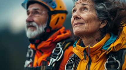 Close-up of a climber couple geared up for a mountain adventure