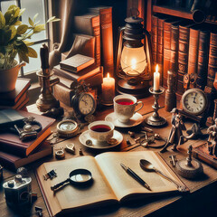 Detective’s Study with Antiques and Mystery Elements