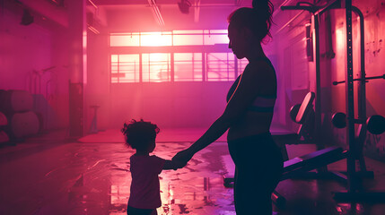 Cinematic photograph of a mother holding child hand  at the gym . Mother's Day. Pink and purple...