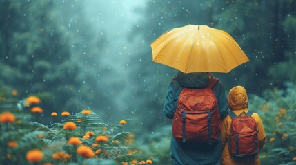   A few individuals with backpacks and an umbrella stroll through the rain while orange flowers decorate the foreground - obrazy, fototapety, plakaty