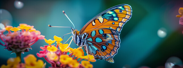Close-up of Colorful Butterfly on Yellow Flowers with Water Droplets
