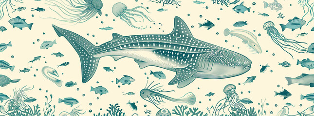 Hand-Drawn Marine Life Pattern with Whale Shark and Tropical Fish
