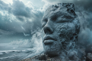 Mysterious stone face by the sea - obrazy, fototapety, plakaty
