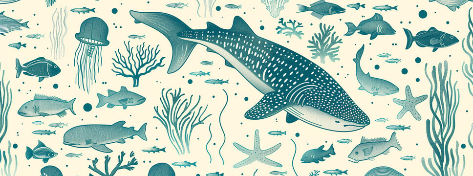 Hand-Drawn Marine Life Pattern with Whale Shark and Tropical Fish

