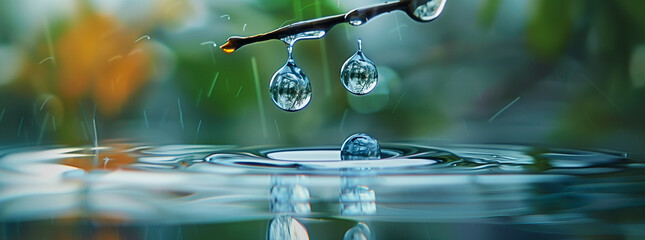 Serene Water Droplets on Branches with Reflective Surface and Soft Bokeh Background
