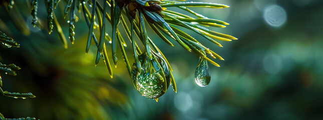Dew Drops Clinging to Evergreen Pine Needles with Ethereal Bokeh Background
