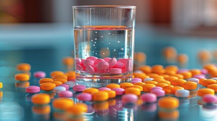   A glass of water containing multicolored pills alongside an assortment of orange and pink pills - obrazy, fototapety, plakaty