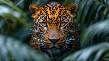   A tiger's face in focus against a blurred palm tree background