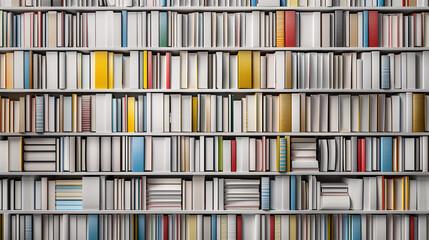 Mock-up of bookshelf full with a lot of colorful book spine random stacking in the shelves with plain blank cover. - obrazy, fototapety, plakaty