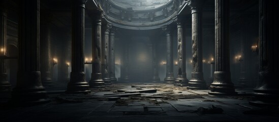 A building with symmetrical columns and a dome in the middle. The dark room exudes an artistic vibe...