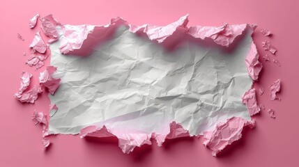   A sheet of paper, ripped in two, rests on a pink background with a central puncture