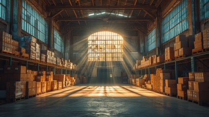   A spacious warehouse filled with numerous boxes on tall shelves, illuminated by a radiant beam of sunlight streaming in through the center - obrazy, fototapety, plakaty