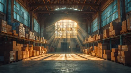 Poster   A spacious warehouse filled with numerous boxes on tall shelves, illuminated by a radiant beam of sunlight streaming in through the center © Viktor
