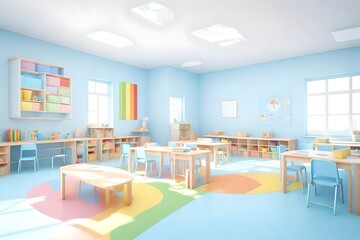 Bright Empty modern kids classroom or kindergarten room in light pastel blue rainbow colors. 3d...