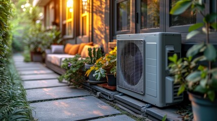   An air conditioner is positioned near a building's side with lush vegetation and potted plants in front of a window - obrazy, fototapety, plakaty