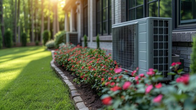   A red flowerbed sits beside a building, with an AC unit resting on its side