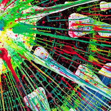 Abstract Art of Splattered Green, Yellow and Red Acrylic Paint