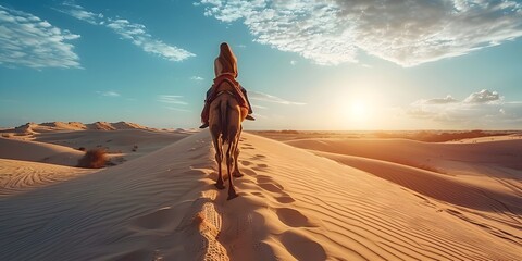 Adventurer Riding a Camel Across the Vast Desert at Sunset Exotic Travel and Adventure