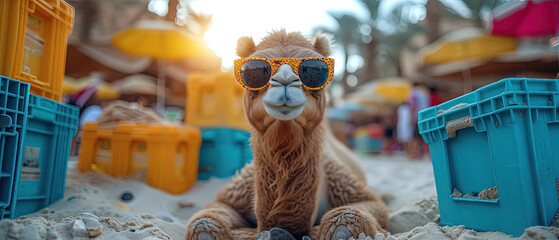 a camel wearing sunglasses on the beach with a lot of sand - obrazy, fototapety, plakaty