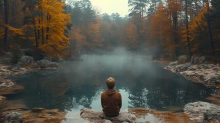   An individual perched on a boulder, gazing into a tranquil expanse of water amidst an emerald sea of trees