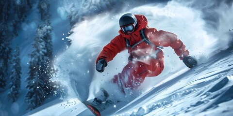 Adrenaline Fueled Snowboarder Carving Fresh Powder on Majestic Mountain Slopes