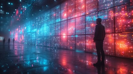   Man in front of colorful light wall in dark room with person