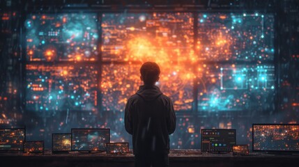   A person stands before multiple computers near a city view