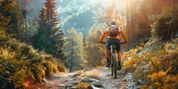 Mountain Biker Exploring Rugged Trail Through Lush Forest on Sunny Day Challenging Outdoor Adventure