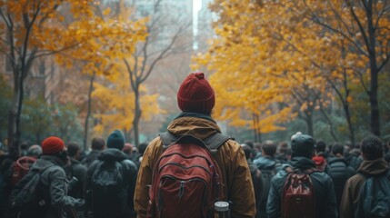   A person wearing a red backpack and hat addresses a crowd of individuals carrying backpacks - obrazy, fototapety, plakaty