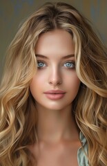 beautiful 20 year old woman with long blond hair in a gold painting, blue eyes, beautiful