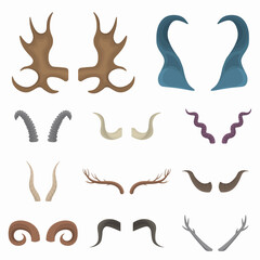 Antlers, vector wild animal and deer antlers or antelope antlers illustration set of antler hunting deer trophy isolated on white background