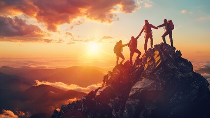 people holding hands and helping each other reach the top of the mountain - obrazy, fototapety, plakaty