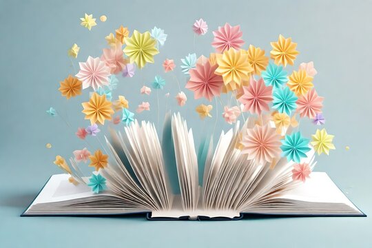 Front view of open book, from which colorful origami paper flowers grow. Pastel colors. Creative concept for digital library and bookstore. Generative AI 3d render illustration imitation