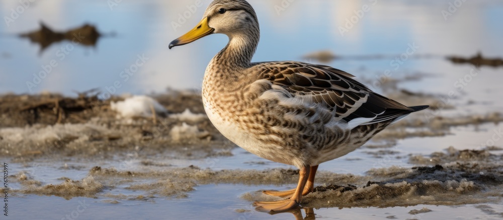 Canvas Prints A waterfowl, such as a duck, is gracefully standing in a puddle of fluid, showcasing its beautiful feathers and beak in the natural landscape