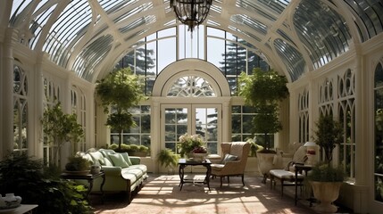 Charming English conservatory with custom glass ogee arched ceilings and windows elaborate metalwork trusses and footbridges over plantings. - obrazy, fototapety, plakaty
