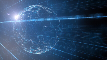 Digital cyberspace with sphere and blurry lines illustration background.