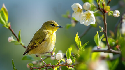 Fototapeta premium A bird in spring flowers.