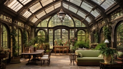 Charming countryside greenhouse conservatory with custom arched glass ceiling intricate iron trusses stone floors and immense skylights above. - obrazy, fototapety, plakaty